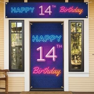 'Happy 14th Birthday' banner & large door sign